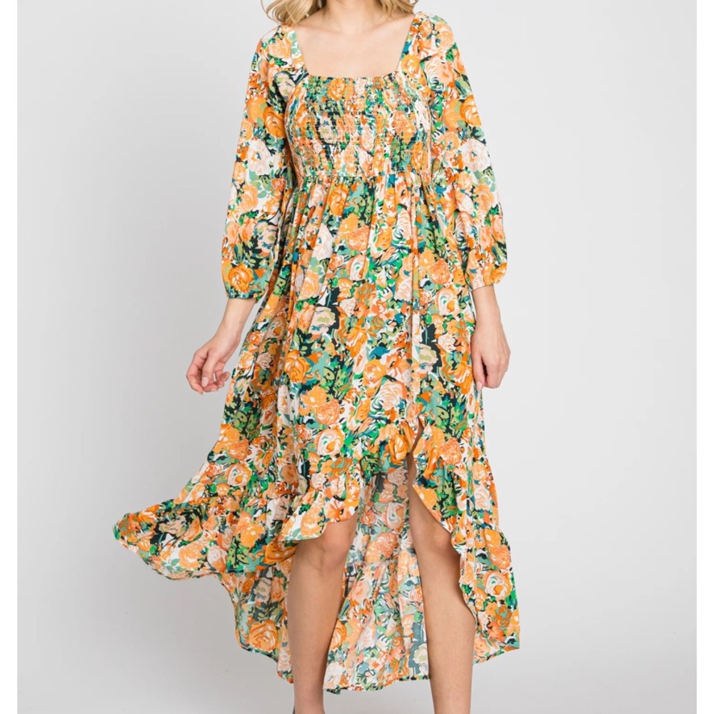 Green Multi-Color Floral Smocked Hi-Lo Dress